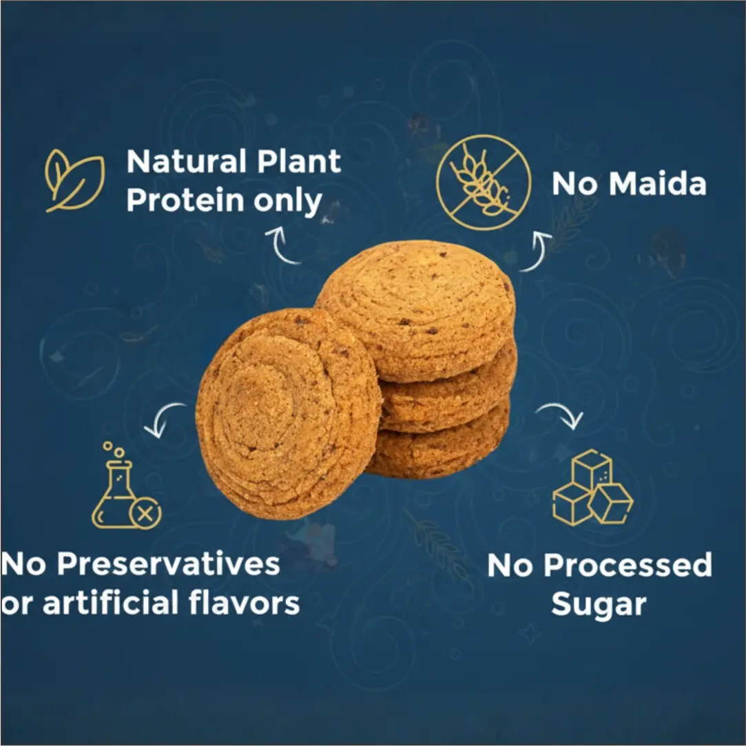 Informative flat‑lay of makhana & millet cookies with nutrition details, highlighting a preservative‑free, gym‑friendly snack for weight loss.