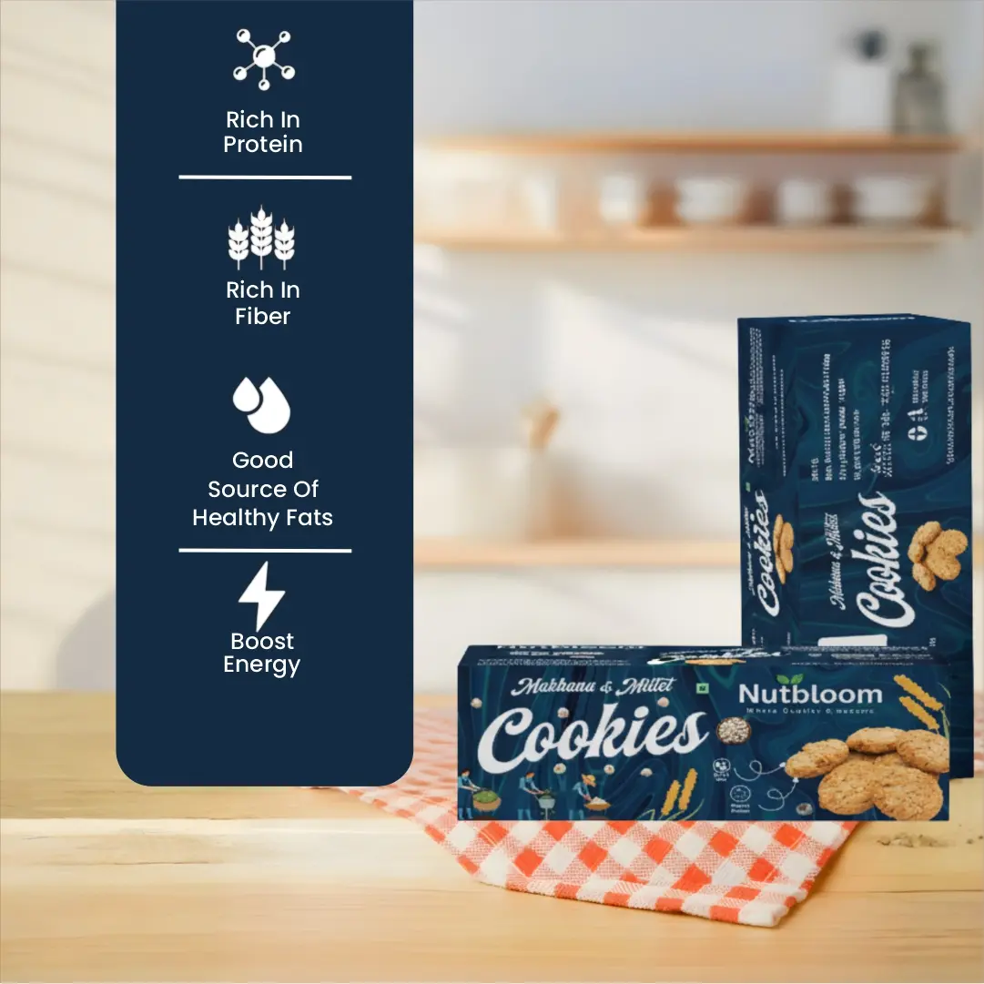 Pack of Nutbloom makhana & millet cookies placed on a clean surface, showing a gluten‑free, healthy cookie option for low‑calorie snacking.