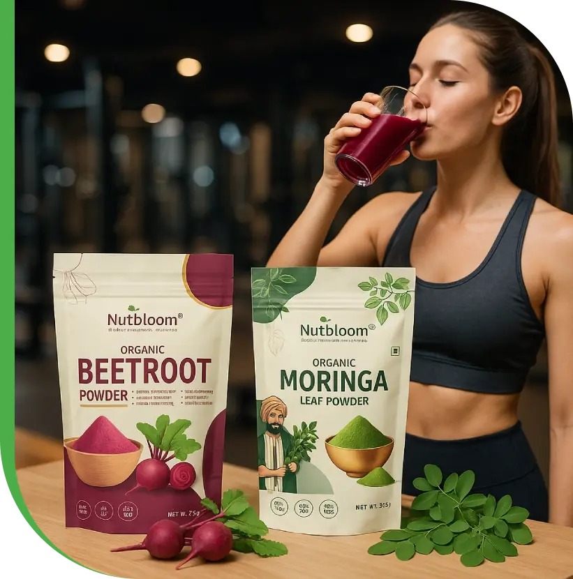 Organic beetroot and moringa powder used in healthy lifestyle nutrition routine